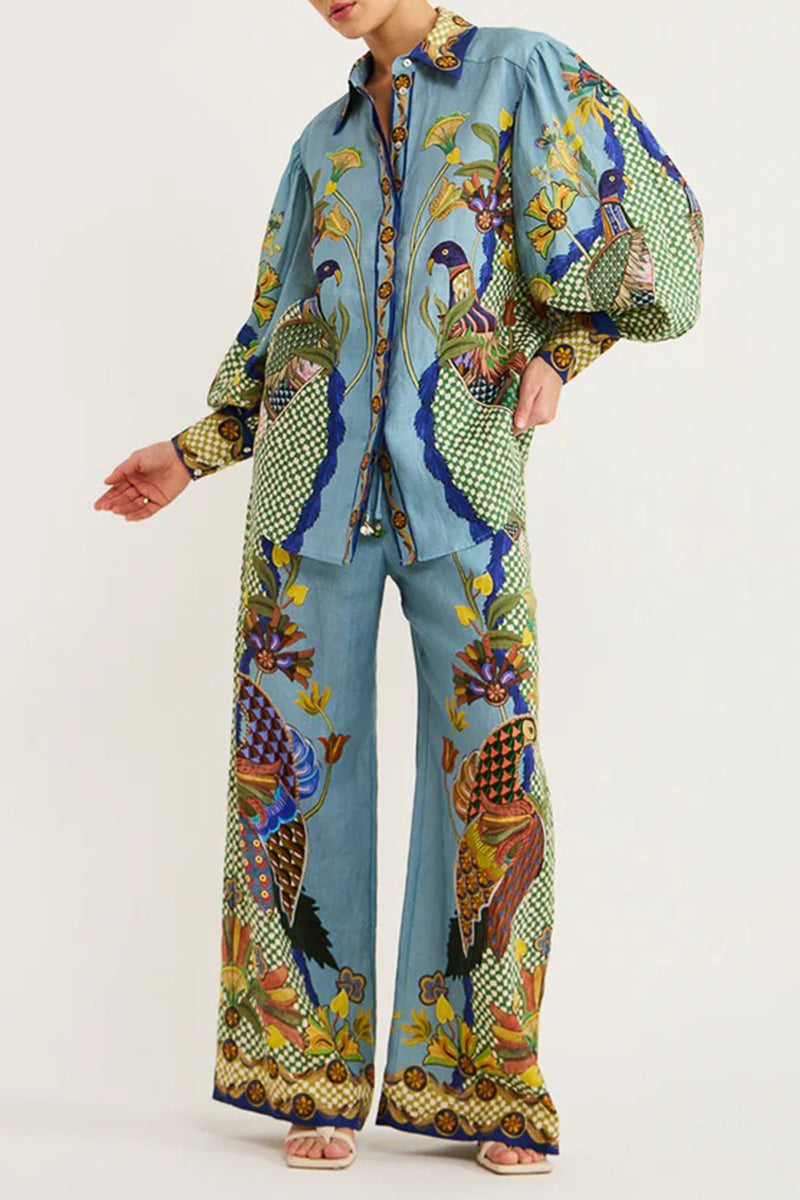 College Animal Printing Turndown Collar Long Sleeve Two Pieces
