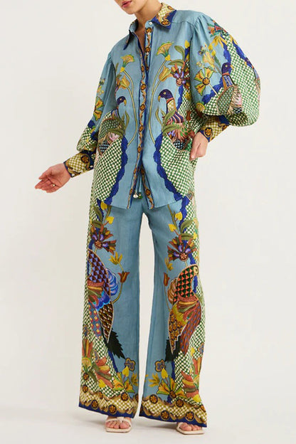 College Animal Printing Turndown Collar Long Sleeve Two Pieces