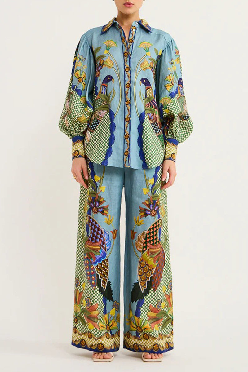College Animal Printing Turndown Collar Long Sleeve Two Pieces