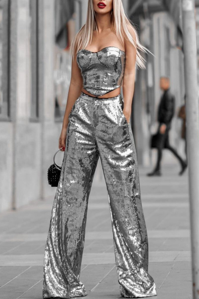 Patchwork Sequins Backless Strapless Sleeveless Two Pieces