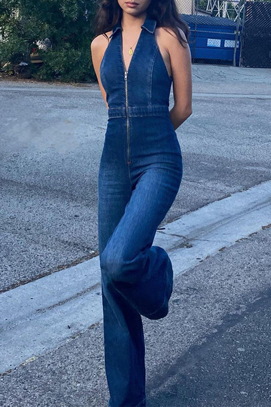 Street Zipper V Neck Sleeveless Regular Denim Jumpsuits