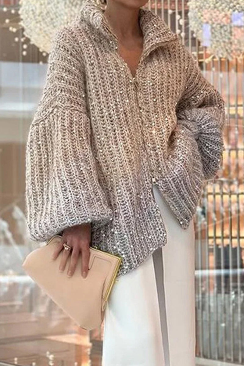 Celebrities Sequins Turndown Collar Sweaters(3 Colors)