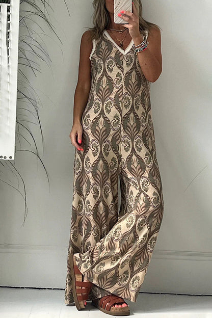 College Geometric Printing V Neck Loose Jumpsuits