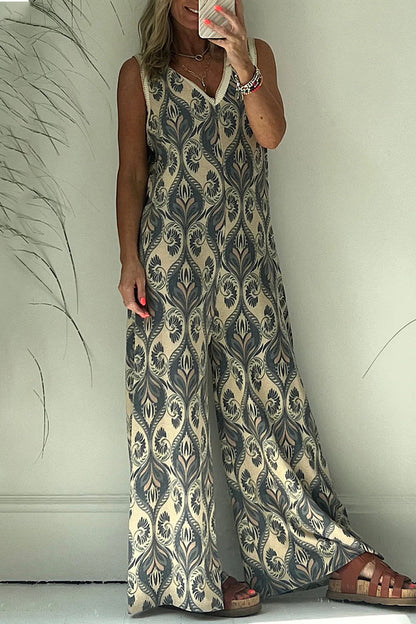 College Geometric Printing V Neck Loose Jumpsuits