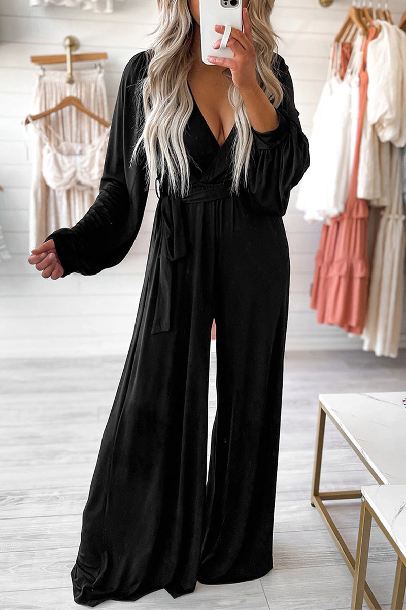 Bandage V Neck Loose Jumpsuits