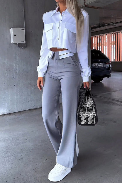 Work Pocket Turndown Collar Long Sleeve Two Pieces