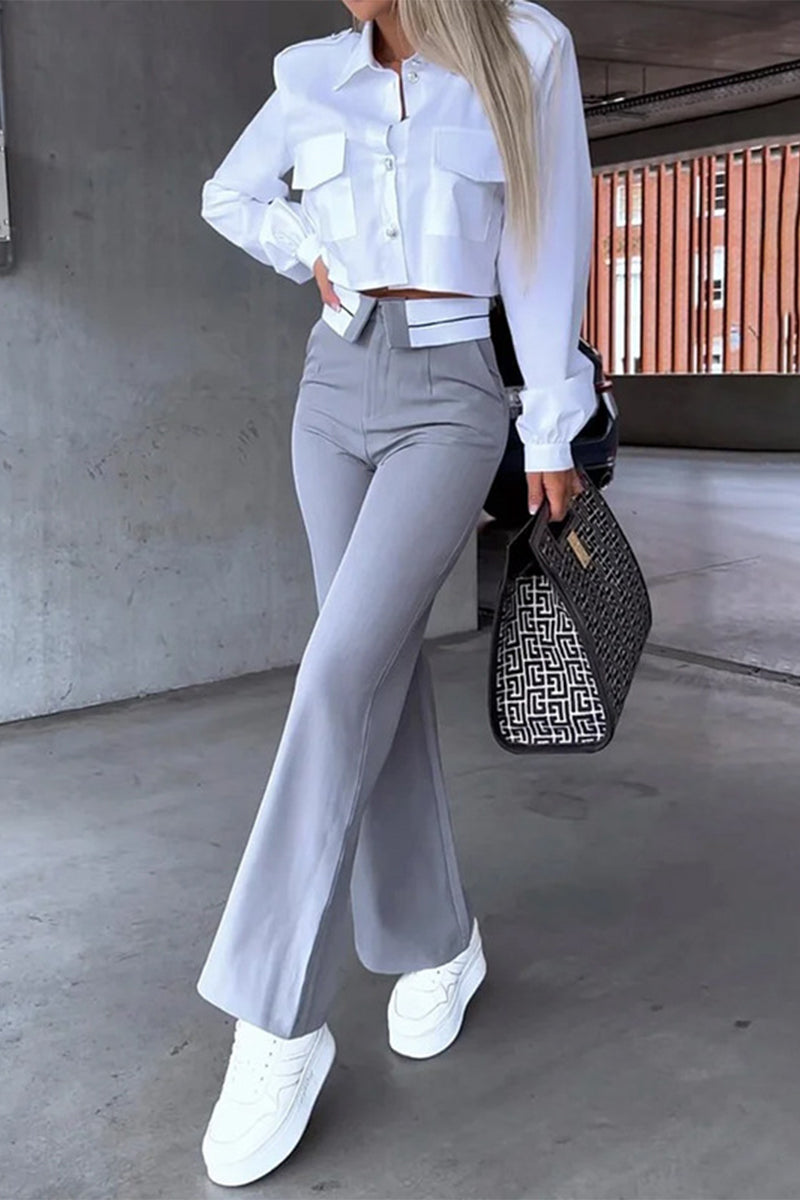 Work Pocket Turndown Collar Long Sleeve Two Pieces