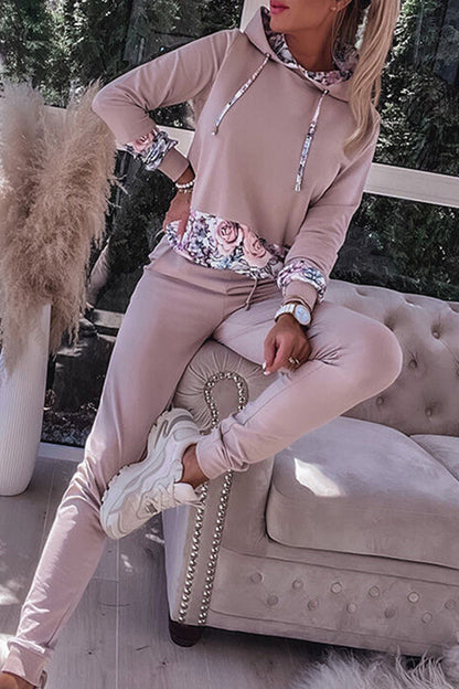 Print Contrast Hooded Collar Long Sleeve Two Pieces