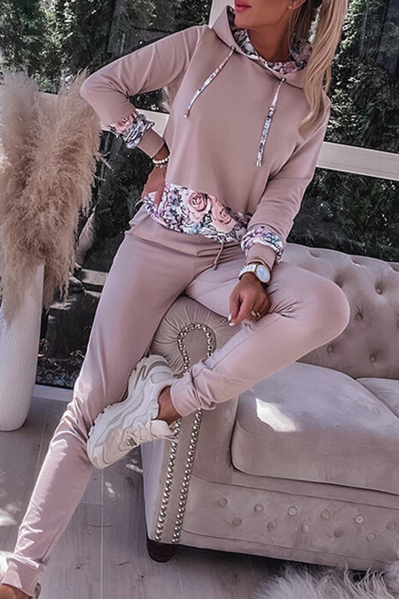 Print Contrast Hooded Collar Long Sleeve Two Pieces