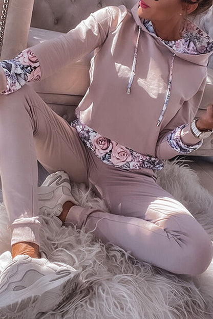 Print Contrast Hooded Collar Long Sleeve Two Pieces
