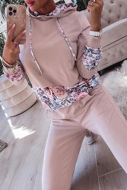 Print Contrast Hooded Collar Long Sleeve Two Pieces