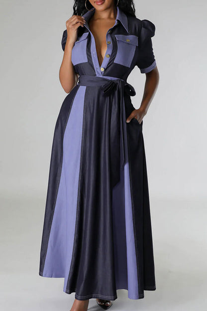 Color Block Bandage Patchwork Pocket Buckle V Neck Long Dress Dresses