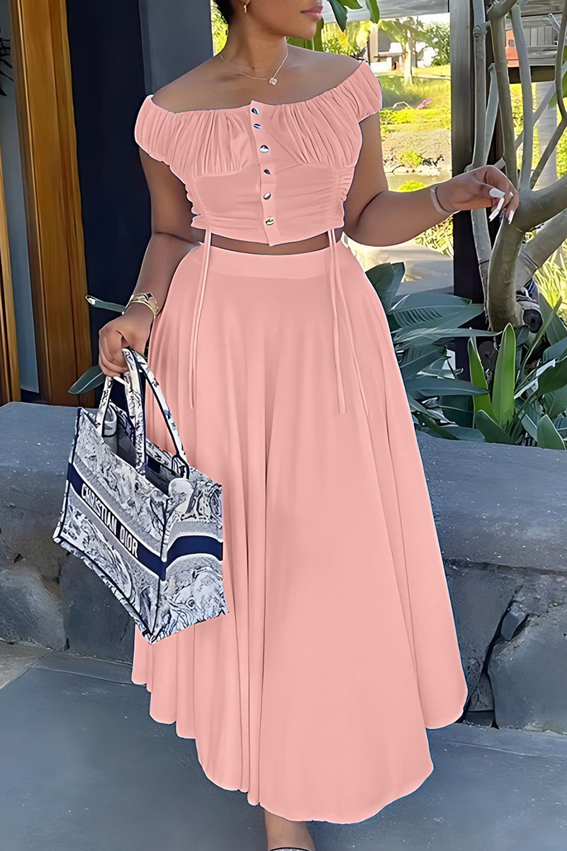 Patchwork Draw String Buckle Off the Shoulder Short Sleeve Two Pieces