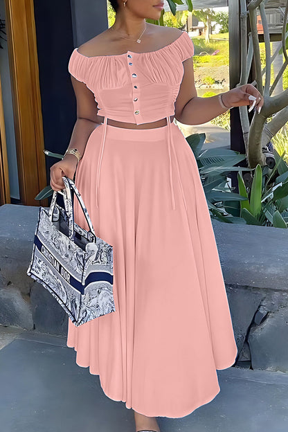 Patchwork Draw String Buckle Off the Shoulder Short Sleeve Two Pieces
