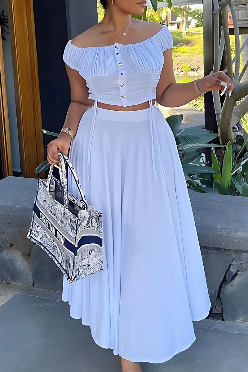 Patchwork Draw String Buckle Off the Shoulder Short Sleeve Two Pieces