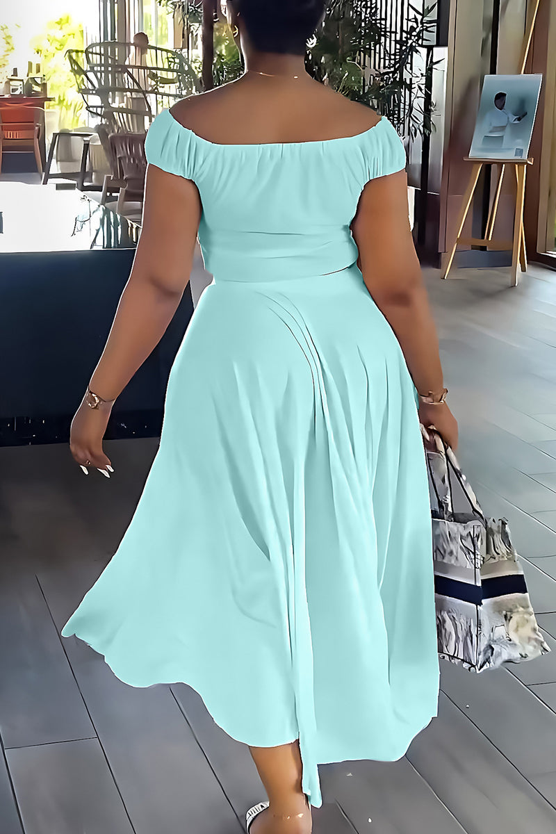 Patchwork Draw String Buckle Off the Shoulder Short Sleeve Two Pieces