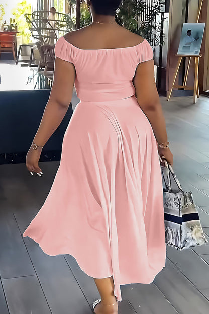 Patchwork Draw String Buckle Off the Shoulder Short Sleeve Two Pieces