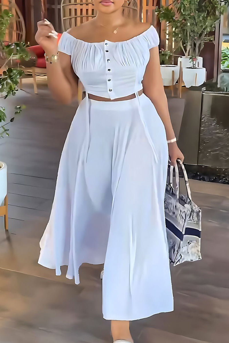Patchwork Draw String Buckle Off the Shoulder Short Sleeve Two Pieces