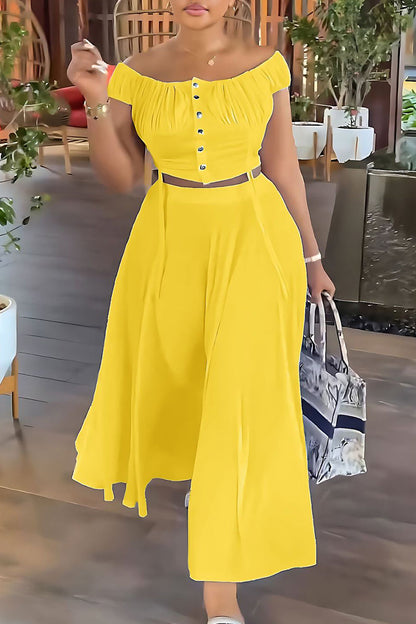 Patchwork Draw String Buckle Off the Shoulder Short Sleeve Two Pieces