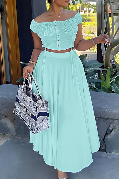 Patchwork Draw String Buckle Off the Shoulder Short Sleeve Two Pieces