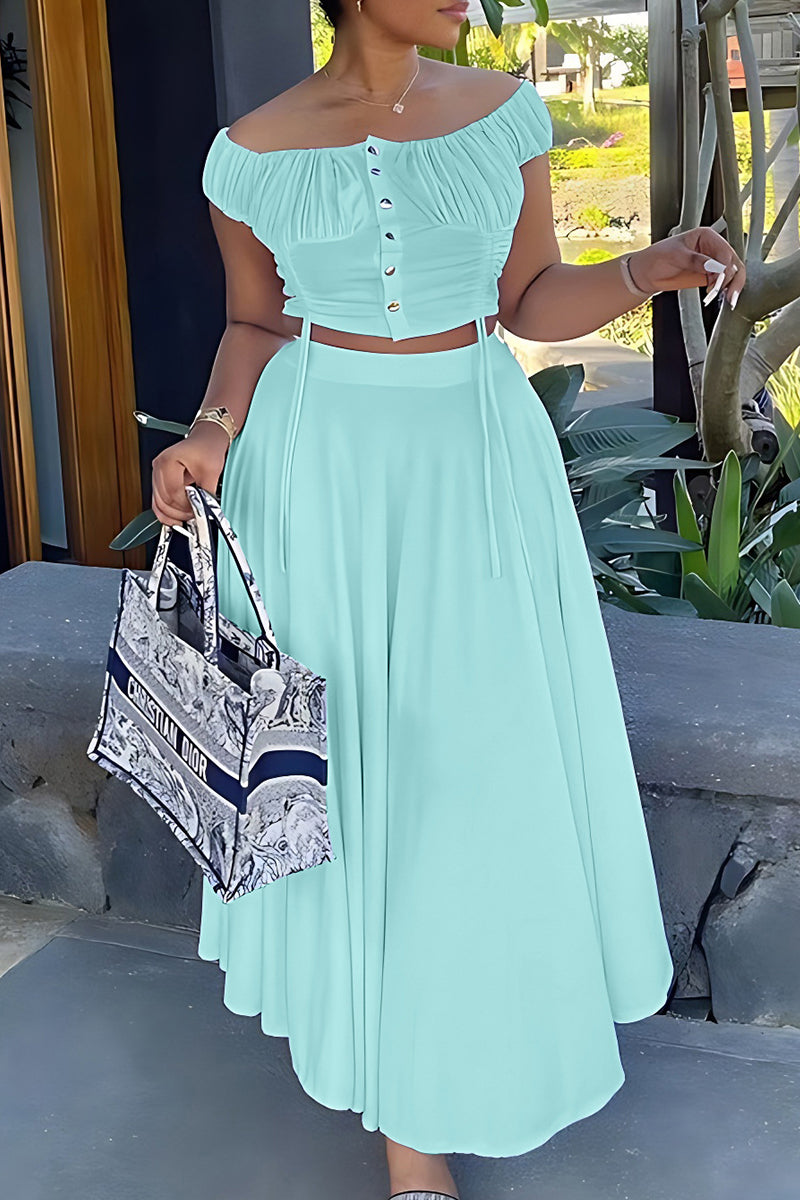 Patchwork Draw String Buckle Off the Shoulder Short Sleeve Two Pieces