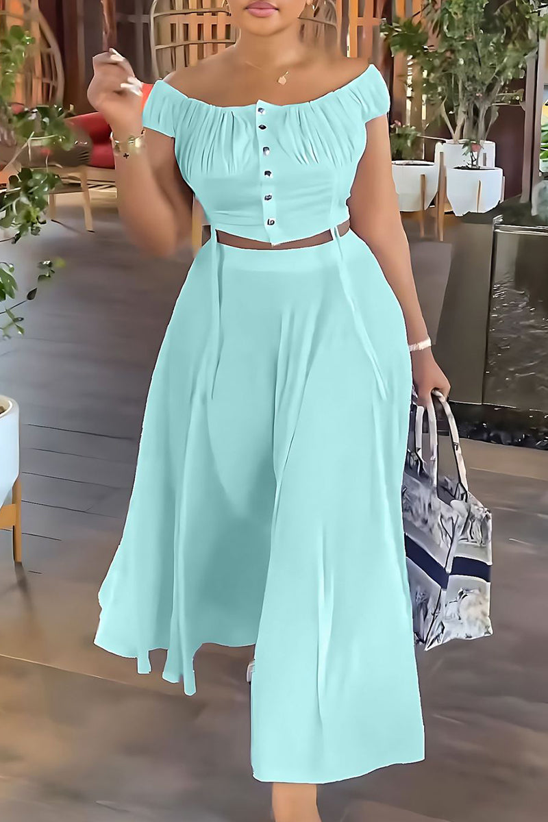 Patchwork Draw String Buckle Off the Shoulder Short Sleeve Two Pieces