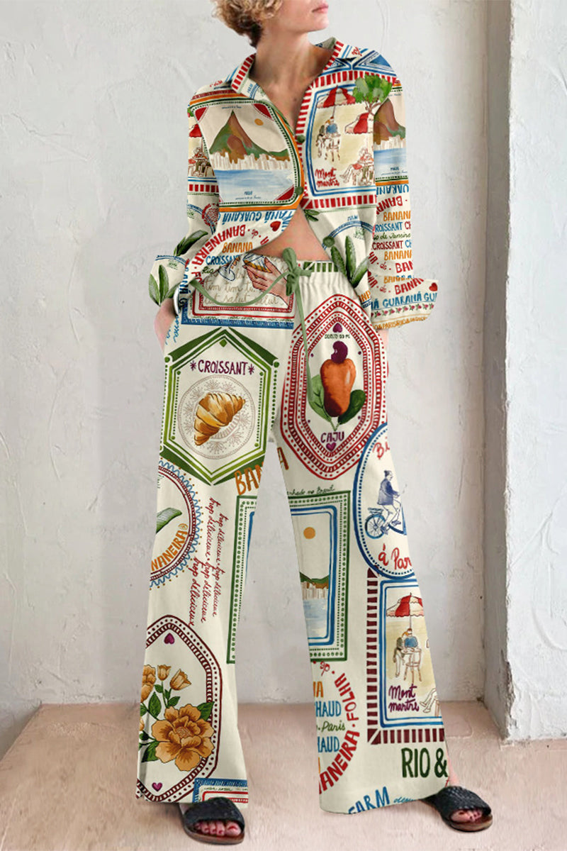 Print Pocket Turndown Collar Long Sleeve Two Pieces