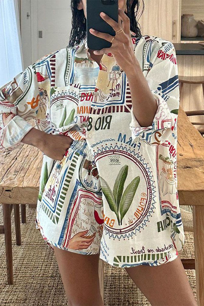 Print Patchwork Turndown Collar Long Sleeve Two Pieces