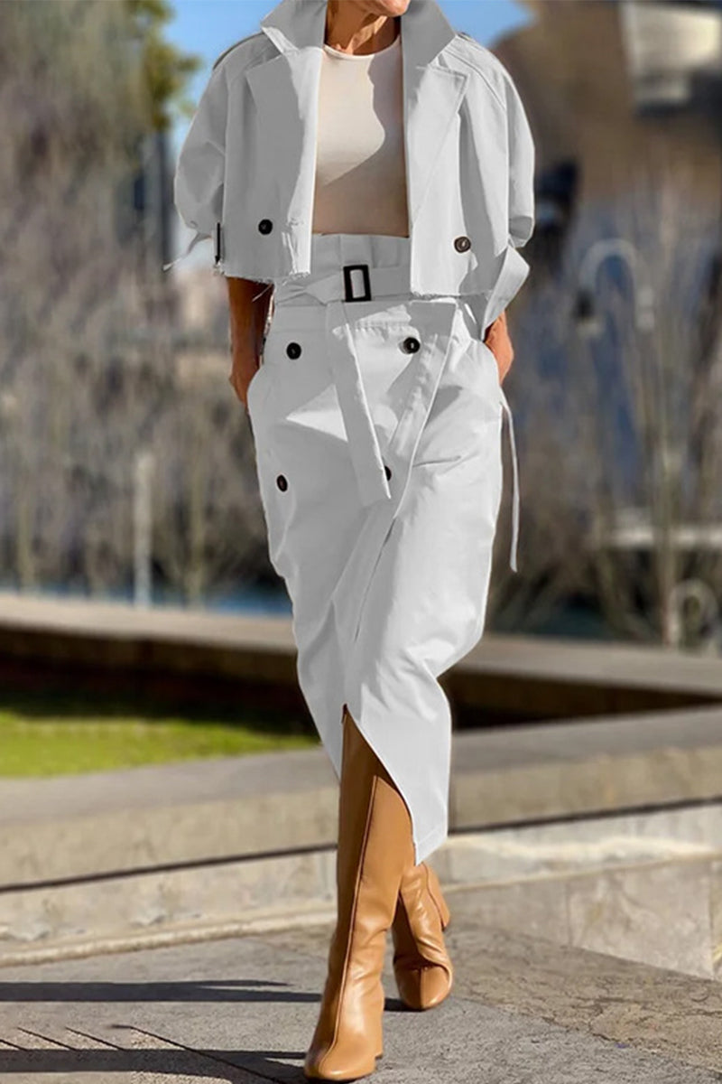 British Style Pocket Buttons Turndown Collar Long Sleeve Two Pieces