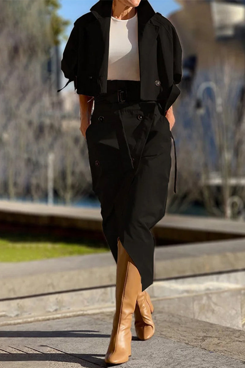 British Style Pocket Buttons Turndown Collar Long Sleeve Two Pieces