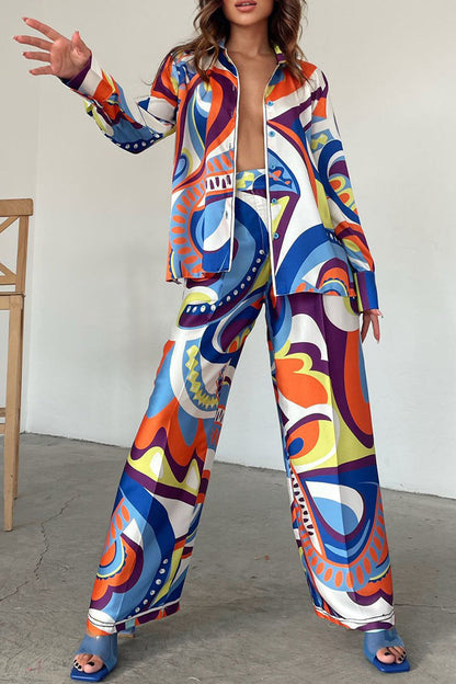 Geometric Printing Turndown Collar Long Sleeve Two Pieces