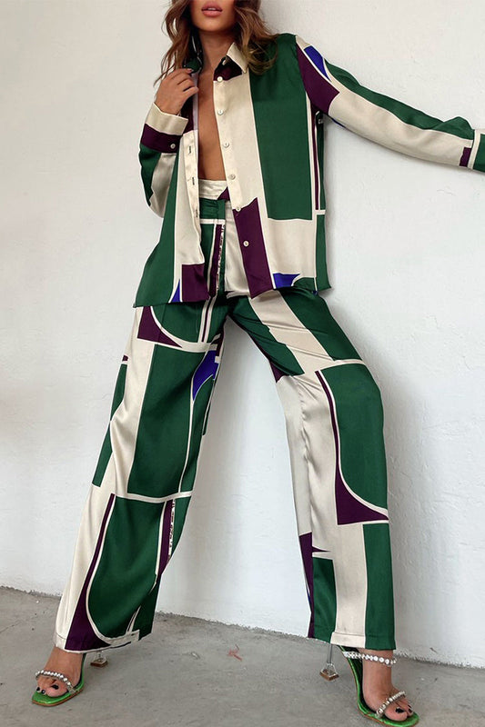 Geometric Printing Turndown Collar Long Sleeve Two Pieces