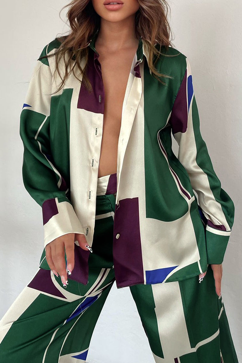 Geometric Printing Turndown Collar Long Sleeve Two Pieces