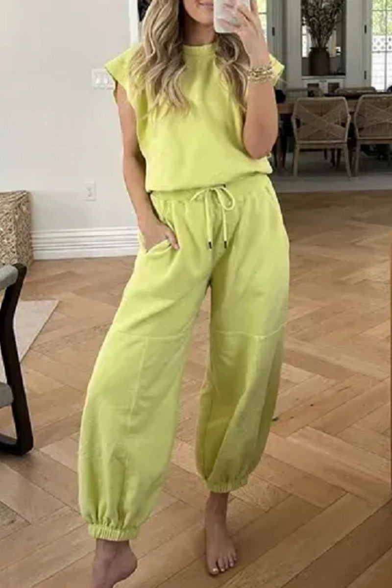 Simplicity Pocket Frenulum Backless O Neck Loose Jumpsuits