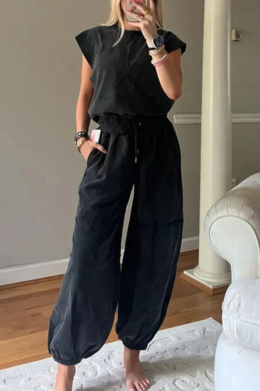 Simplicity Pocket Frenulum Backless O Neck Loose Jumpsuits