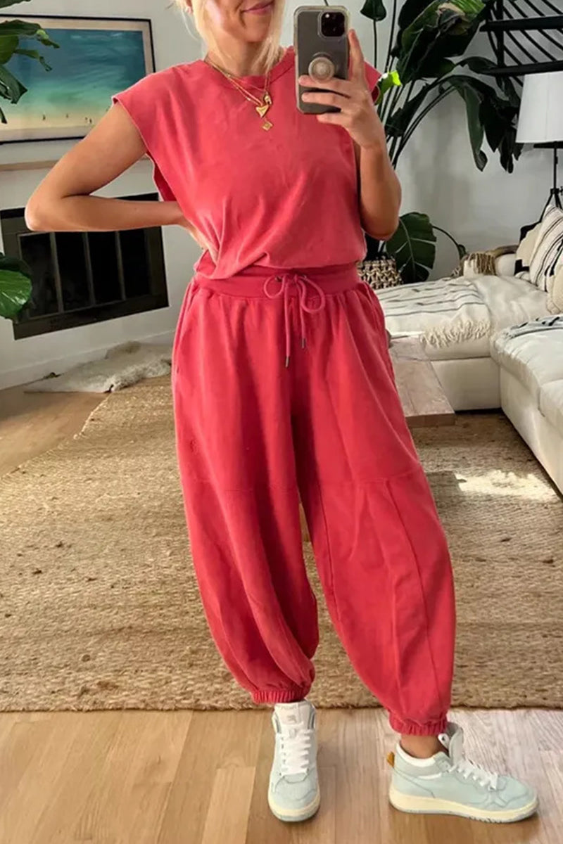 Simplicity Pocket Frenulum Backless O Neck Loose Jumpsuits