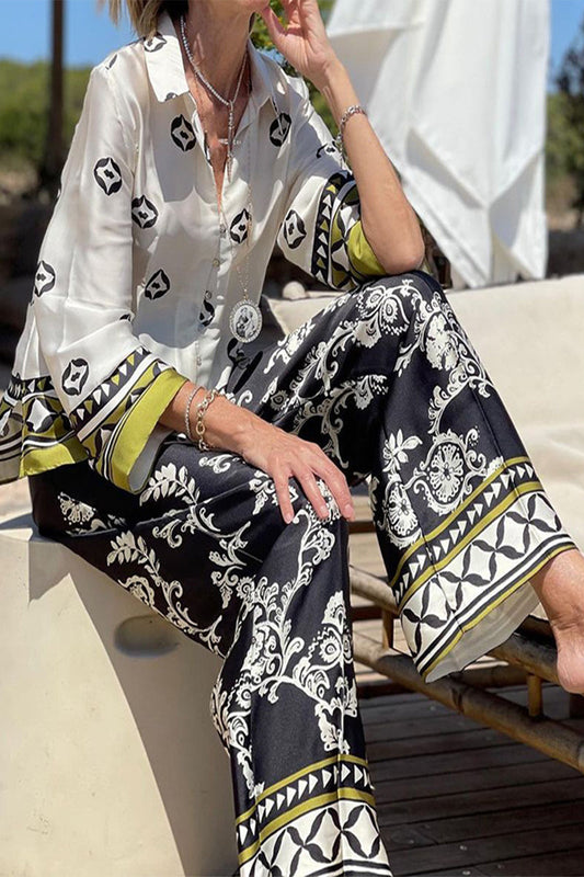 College Print Patchwork Turndown Collar Long Sleeve Two Pieces