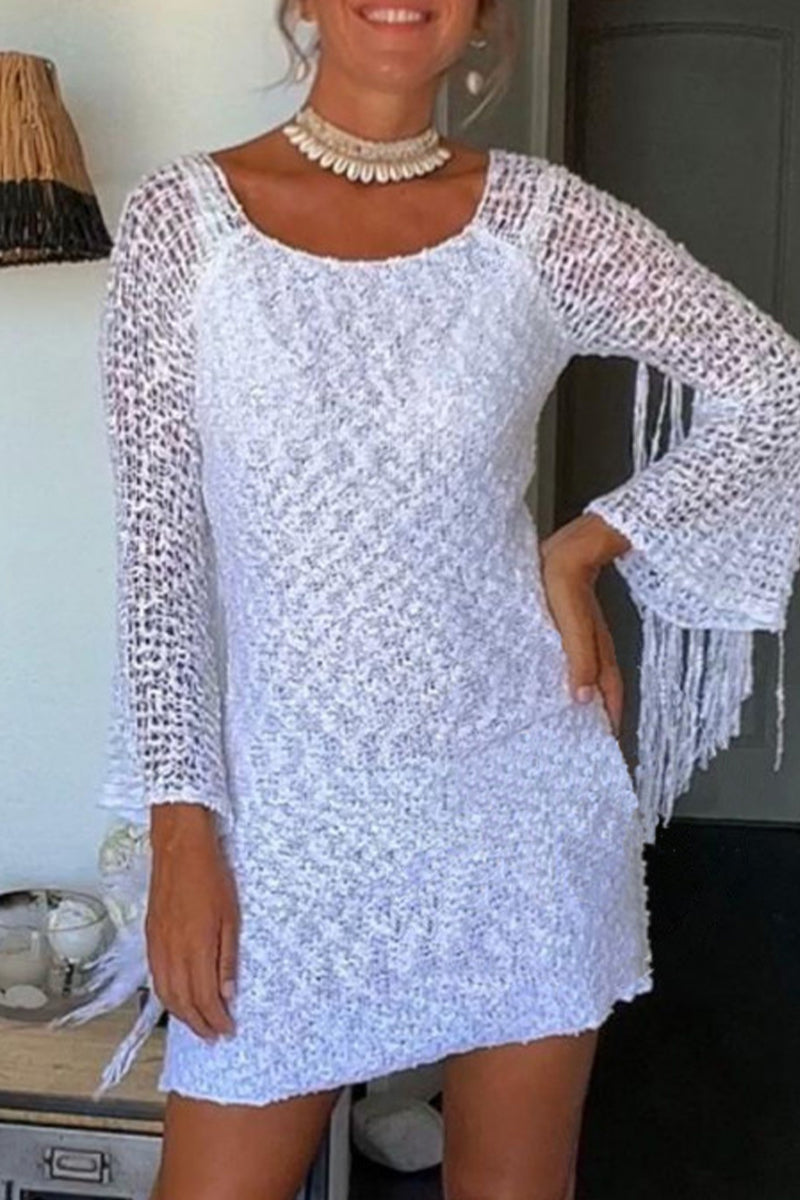 Tassel Hollowed Out O Neck Wrapped Skirt Dresses