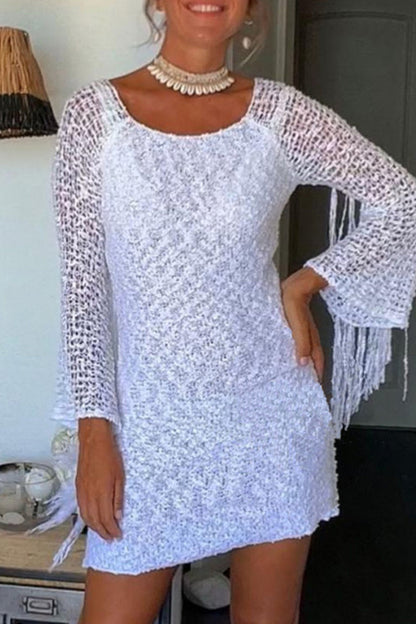Tassel Hollowed Out O Neck Wrapped Skirt Dresses