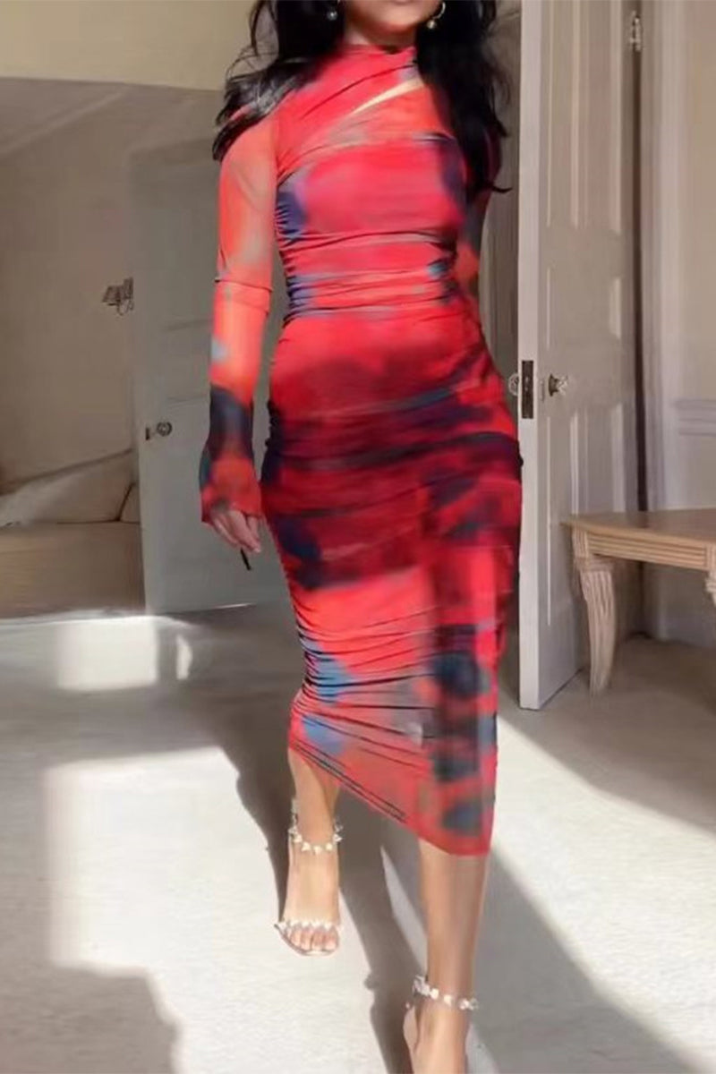 Gradual Change Printing Turtleneck One Step Skirt Dresses