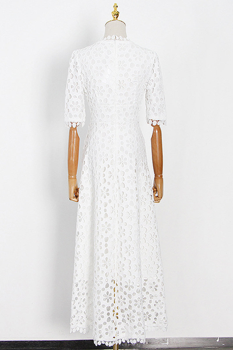 Hollowed Out V Neck Waist Skirt Short Sleeve Dress