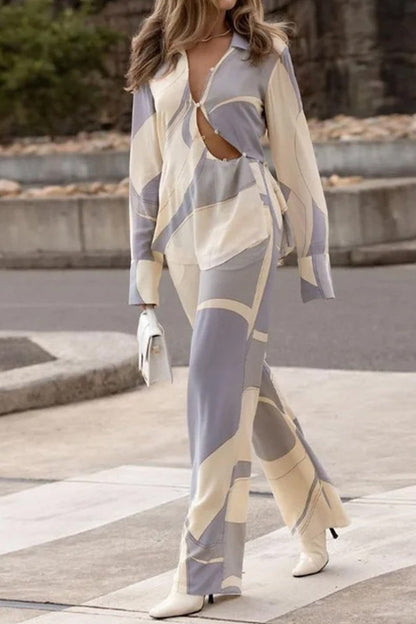 Geometric Asymmetrical Printing Turndown Collar Long Sleeve Two Pieces