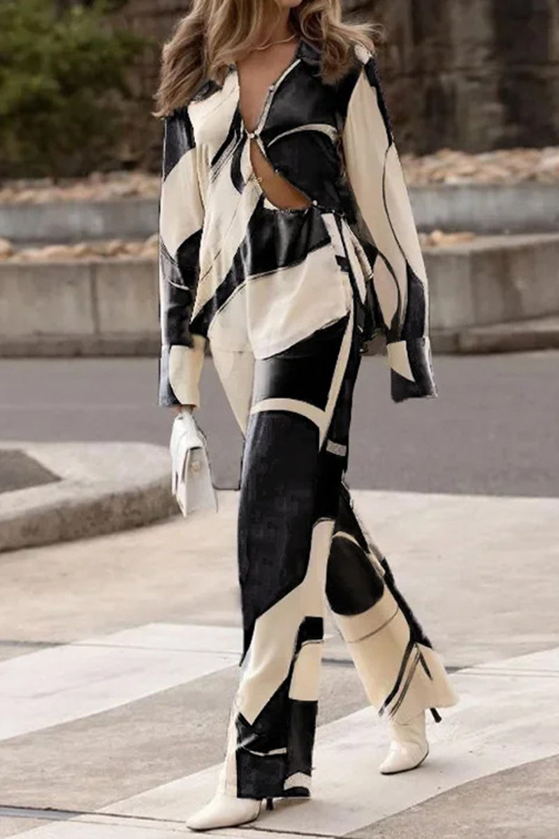 Geometric Asymmetrical Printing Turndown Collar Long Sleeve Two Pieces