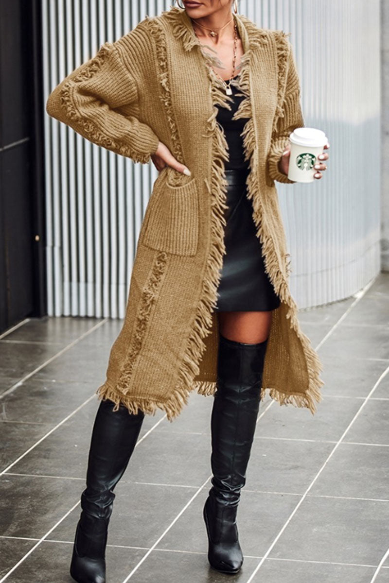 Tassel Patchwork Pocket Cardigan Collar Outerwear