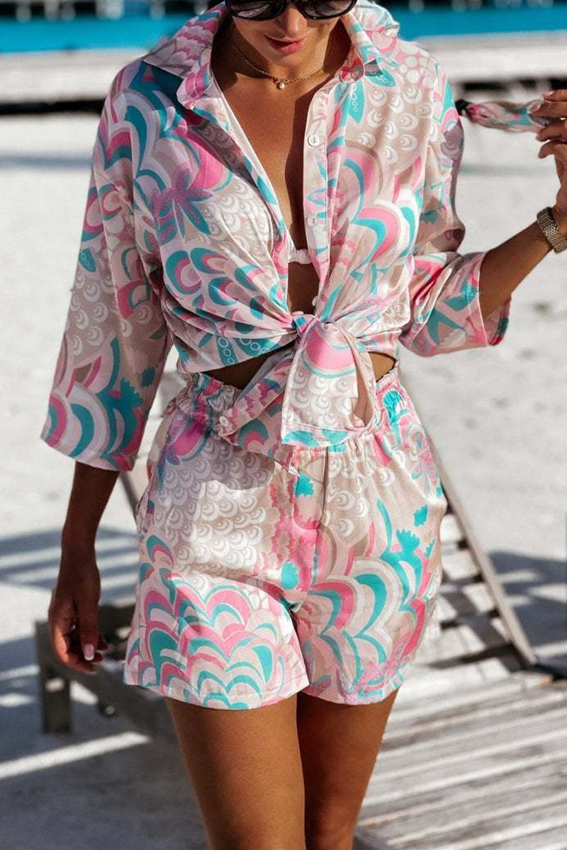 Vacation Geometric Printing Turndown Collar Long Sleeve Two Pieces