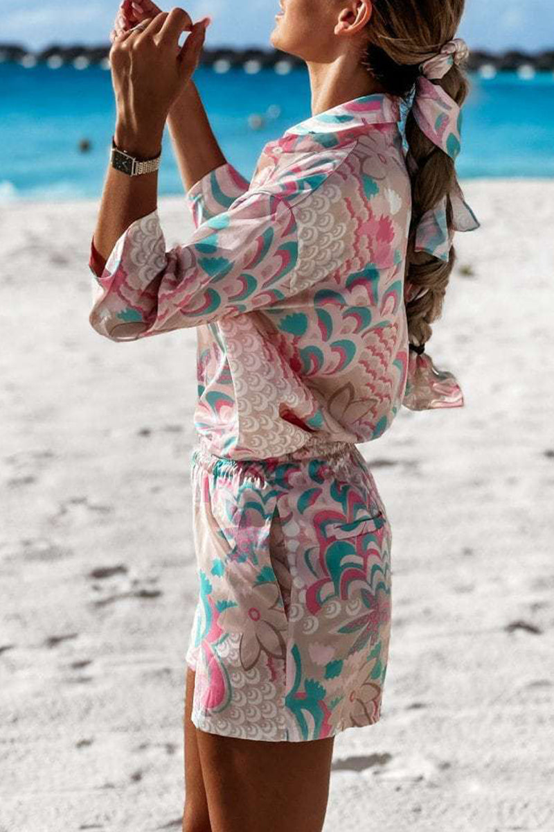 Vacation Geometric Printing Turndown Collar Long Sleeve Two Pieces