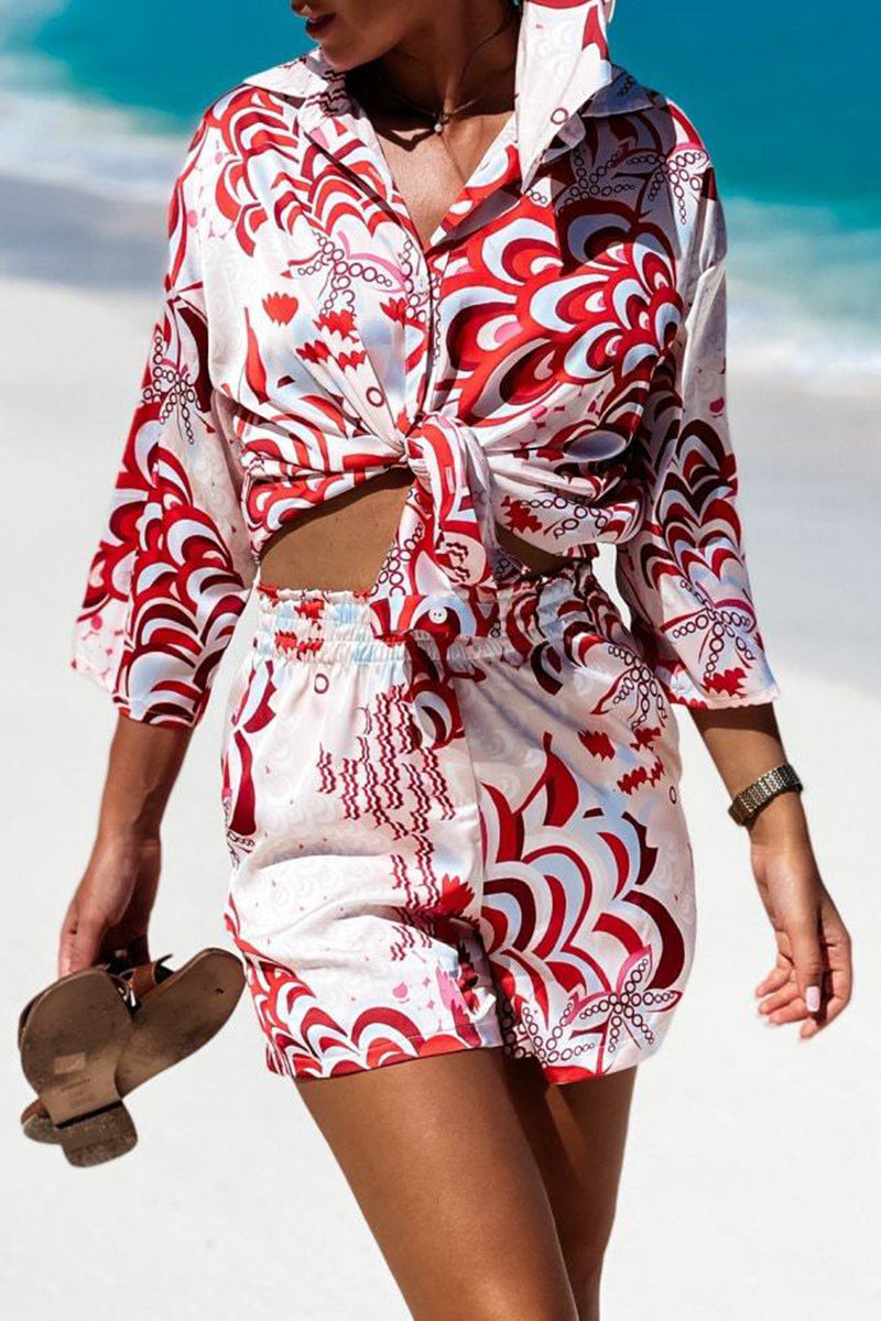Vacation Geometric Printing Turndown Collar Long Sleeve Two Pieces
