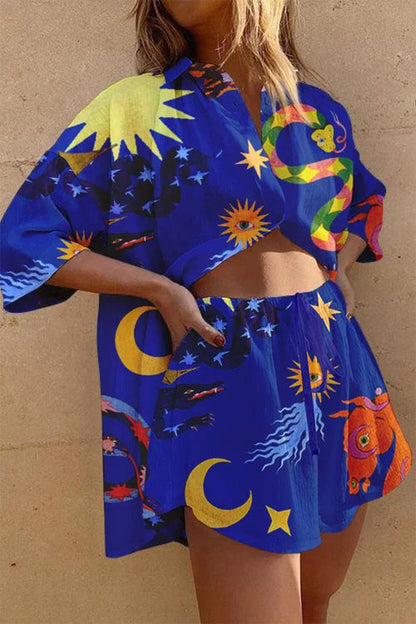 Print Patchwork Long Sleeve Two Pieces