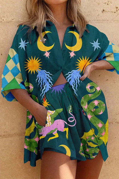Print Patchwork Long Sleeve Two Pieces