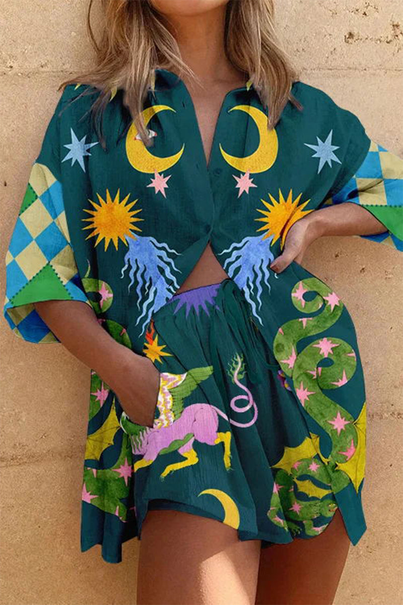 Print Patchwork Long Sleeve Two Pieces
